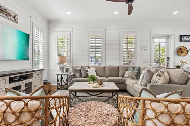 137 Cabana Trl, Santa Rosa Beach, FL 32459 - living room featuring wood finished floors, healthy amount of natural light, ornamental molding, ceiling fan, and recessed lighting
