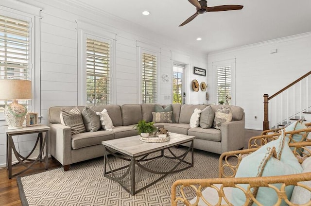 137 Cabana Trl, Santa Rosa Beach, FL 32459 - living area featuring a ceiling fan, wood finished floors, crown molding, stairs, and recessed lighting