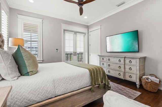 137 Cabana Trl, Santa Rosa Beach, FL 32459 - bedroom featuring ornamental molding, dark wood-type flooring, multiple windows, access to exterior, and recessed lighting