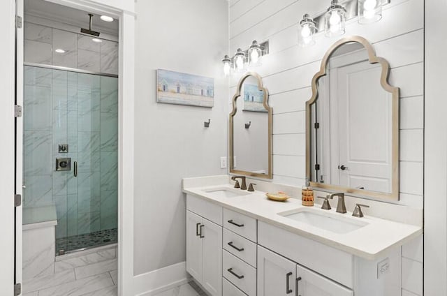137 Cabana Trl, Santa Rosa Beach, FL 32459 - bathroom featuring marble finish flooring, a stall shower, and double vanity