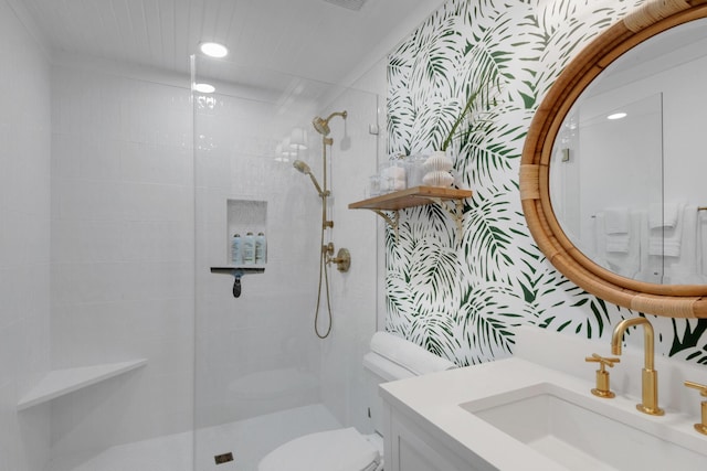 4984 W County Highway 30a Unit 5B, Santa Rosa Beach, FL 32459 - full bathroom with wallpapered walls, vanity, a walk in shower, and recessed lighting