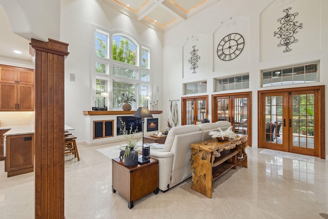 69 Cobalt Ln, Miramar Beach, FL 32550 - living area with french doors, ornamental molding, a high ceiling, coffered ceiling, and ornate columns