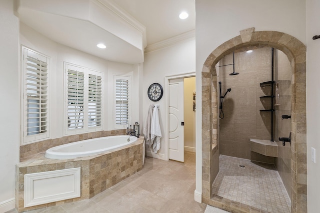 69 Cobalt Ln, Miramar Beach, FL 32550 - bathroom with a garden tub, ornamental molding, walk in shower, and recessed lighting