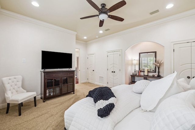 69 Cobalt Ln, Miramar Beach, FL 32550 - bedroom featuring multiple closets, light colored carpet, ornamental molding, recessed lighting, and ceiling fan