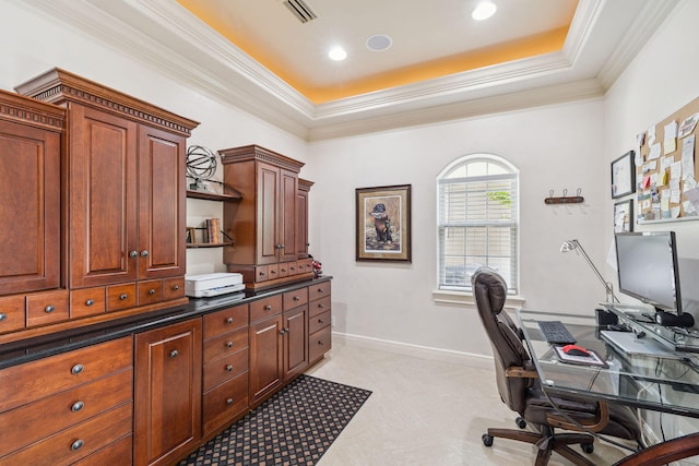 69 Cobalt Ln, Miramar Beach, FL 32550 - home office with a raised ceiling, light colored carpet, and crown molding