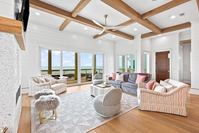 17 Palm Court Ln, Inlet Beach, FL 32461 - living room with coffered ceiling, ceiling fan, wood finished floors, beam ceiling, and a water view