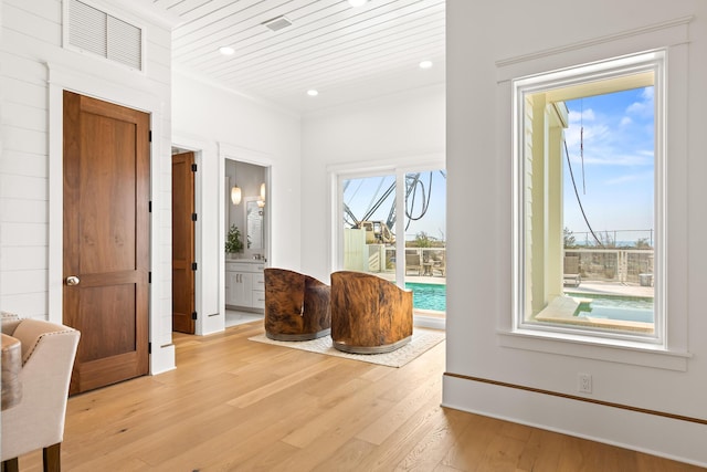 17 Palm Court Ln, Inlet Beach, FL 32461 - foyer with light wood-style floors, wood ceiling, and recessed lighting