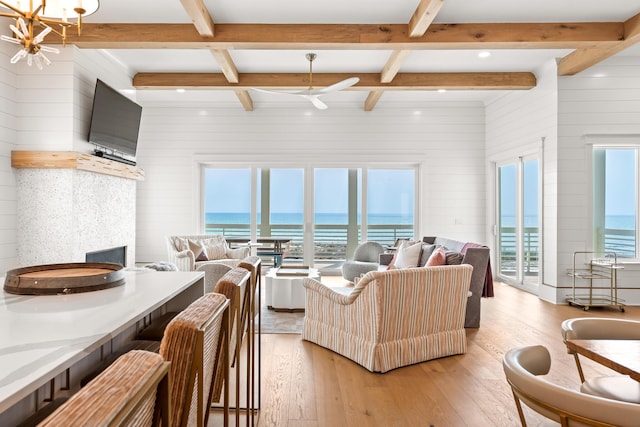 17 Palm Court Ln, Inlet Beach, FL 32461 - living area with light wood-type flooring, beam ceiling, a fireplace, coffered ceiling, and ceiling fan
