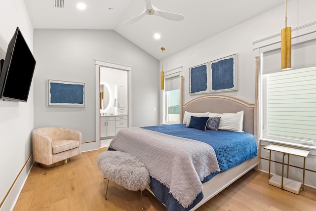 17 Palm Court Ln, Inlet Beach, FL 32461 - bedroom with light wood-style floors, vaulted ceiling, connected bathroom, recessed lighting, and a ceiling fan