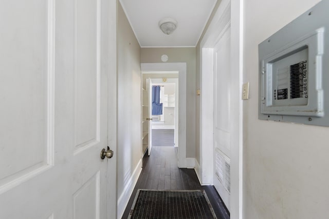 5108 Escambia St, Milton, FL 32570 - hall with electric panel, dark wood-type flooring, and ornamental molding