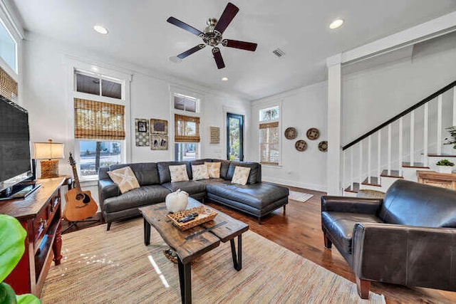 23 The Greenway Loop, Inlet Beach, FL 32461 - living area featuring stairs, wood finished floors, a ceiling fan, and recessed lighting