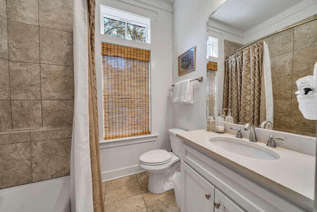 23 The Greenway Loop, Inlet Beach, FL 32461 - bathroom with vanity, tile patterned floors, and shower / bathtub combination with curtain