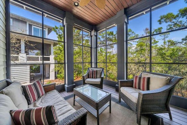 23 The Greenway Loop, Inlet Beach, FL 32461 - sunroom featuring outdoor lounge area, healthy amount of natural light, wooden ceiling, ceiling fan, and a wall of windows