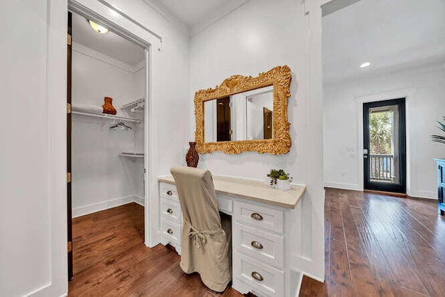 23 The Greenway Loop, Inlet Beach, FL 32461 - bathroom with wood finished floors, vanity, and ornamental molding