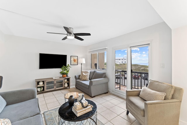 23223 Front Beach Rd # 112, Panama City Beach, FL 32413 - living room featuring a ceiling fan and light tile patterned floors