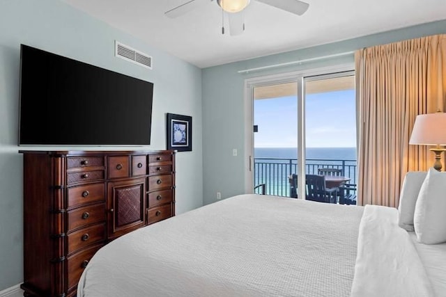 16701 Front Beach Rd Unit 1807, Panama City Beach, FL 32413 - bedroom with access to outside, a water view, and a ceiling fan