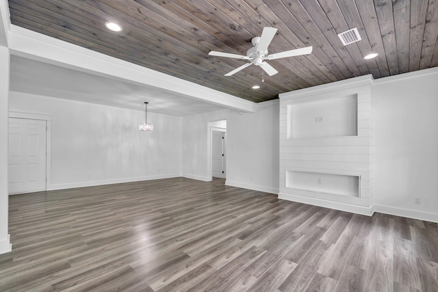 2672 Chat Holley Rd, Santa Rosa Beach, FL 32459 - unfurnished living room featuring wooden ceiling, a chandelier, ceiling fan, wood finished floors, and recessed lighting