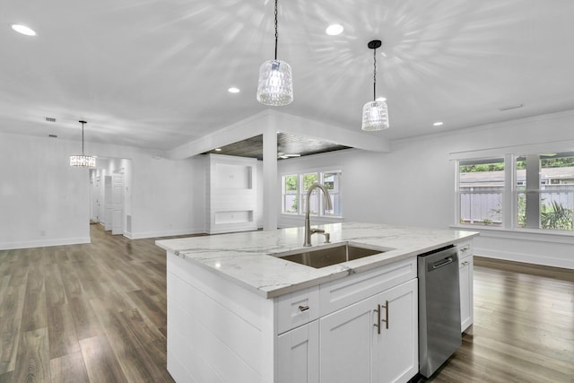 2672 Chat Holley Rd, Santa Rosa Beach, FL 32459 - kitchen featuring dishwasher, open floor plan, recessed lighting, dark wood-type flooring, and white cabinets