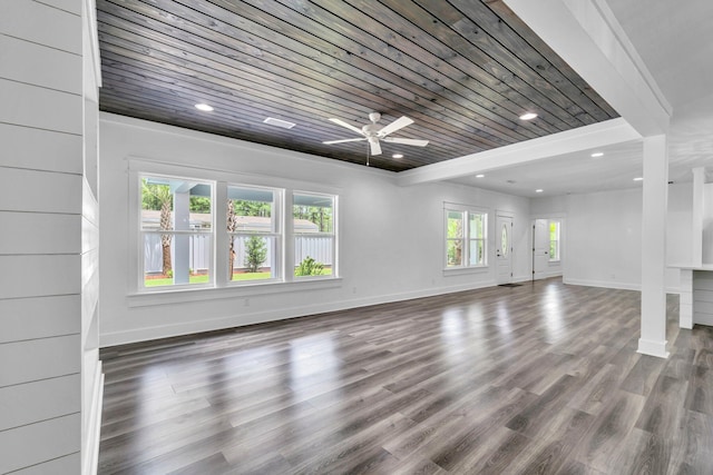 2672 Chat Holley Rd, Santa Rosa Beach, FL 32459 - unfurnished living room featuring wooden ceiling, ceiling fan, wood finished floors, and recessed lighting