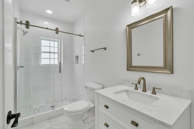 2672 Chat Holley Rd, Santa Rosa Beach, FL 32459 - bathroom with marble look tile flooring, a stall shower, vanity, and recessed lighting