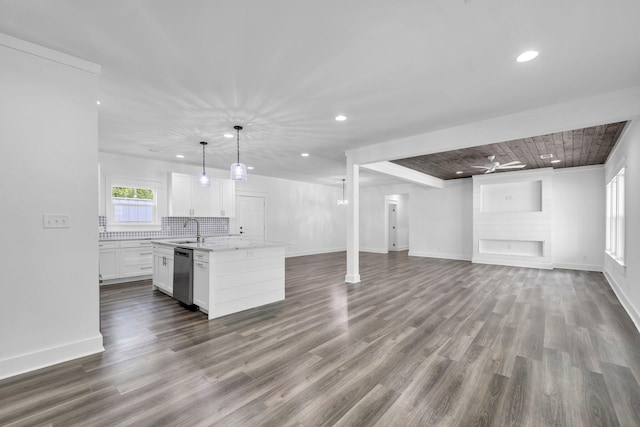 2672 Chat Holley Rd, Santa Rosa Beach, FL 32459 - unfurnished living room with recessed lighting, dark wood finished floors, crown molding, and ceiling fan