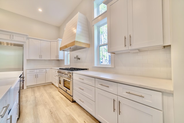 116 E Georgie Pt, Washington, FL 32459 - kitchen featuring premium appliances, premium range hood, white cabinetry, light wood-style floors, and decorative backsplash