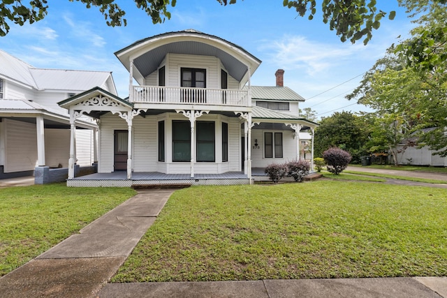 273 E Live Oak Ave, Defuniak Springs, FL 32435 - view of front of property with covered porch, a balcony, a chimney, and a front yard