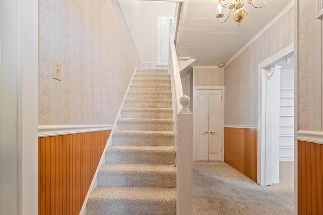 273 E Live Oak Ave, Defuniak Springs, FL 32435 - stairway with wallpapered walls, a wainscoted wall, carpet floors, ornamental molding, and wood walls