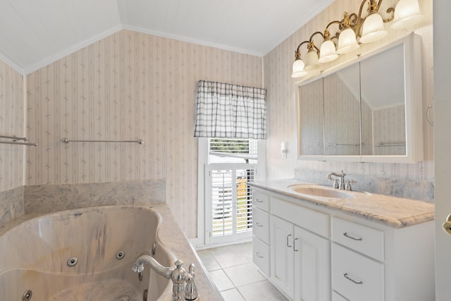 273 E Live Oak Ave, Defuniak Springs, FL 32435 - full bath with ornamental molding, a jetted tub, vanity, tile patterned flooring, and vaulted ceiling