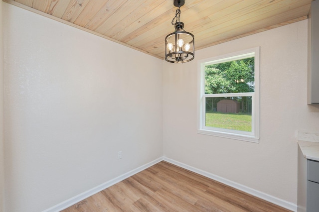 3375 Mclain Dr, Crestview, FL 32539 - unfurnished dining area featuring a chandelier, light wood-style flooring, and wood ceiling