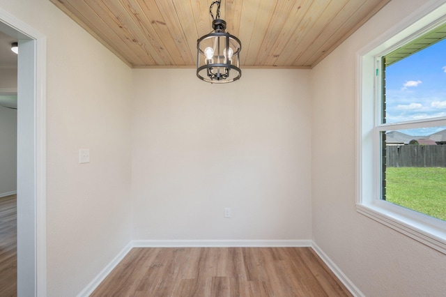 3375 Mclain Dr, Crestview, FL 32539 - unfurnished dining area featuring wood finished floors, plenty of natural light, wood ceiling, and a chandelier