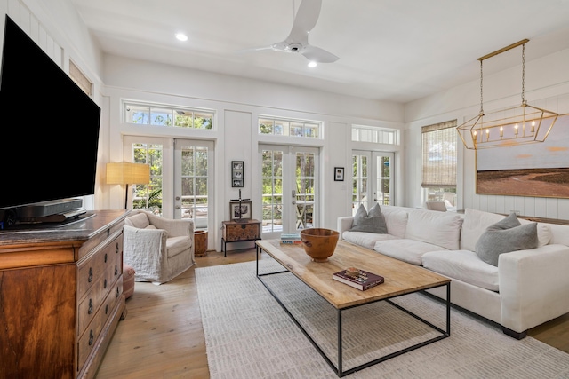 58 Pine Needle Way, Santa Rosa Beach, FL 32459 - living area featuring french doors, a chandelier, ceiling fan, light wood-style flooring, and recessed lighting