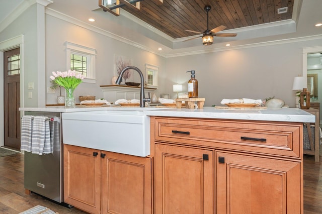 2580 Taylor Rd, Crestview, FL 32536 - kitchen featuring a tray ceiling, open floor plan, dark wood-type flooring, wood ceiling, and crown molding