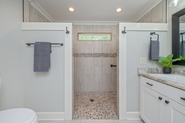 2580 Taylor Rd, Crestview, FL 32536 - bathroom featuring vanity, walk in shower, recessed lighting, and tile patterned floors