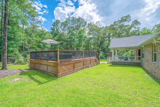 2580 Taylor Rd, Crestview, FL 32536 - view of green lawn featuring a wooden deck and view of wooded area