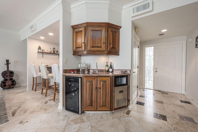 955 Scenic Gulf Dr Unit 350, Miramar Beach, FL 32550 - indoor wet bar featuring beverage cooler, crown molding, and recessed lighting