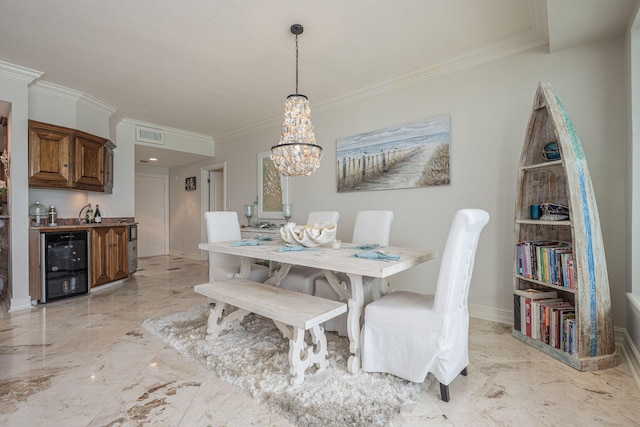 955 Scenic Gulf Dr Unit 350, Miramar Beach, FL 32550 - dining room featuring wine cooler, crown molding, a chandelier, and light marble finish flooring