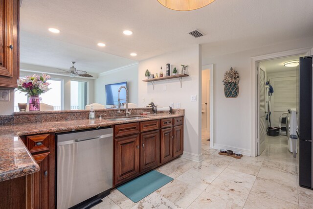 955 Scenic Gulf Dr Unit 350, Miramar Beach, FL 32550 - kitchen featuring dishwasher, ceiling fan, freestanding refrigerator, crown molding, and dark stone countertops