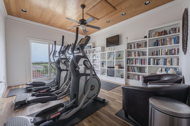 955 Scenic Gulf Dr Unit 350, Miramar Beach, FL 32550 - exercise area featuring wooden ceiling, crown molding, a ceiling fan, wood finished floors, and recessed lighting