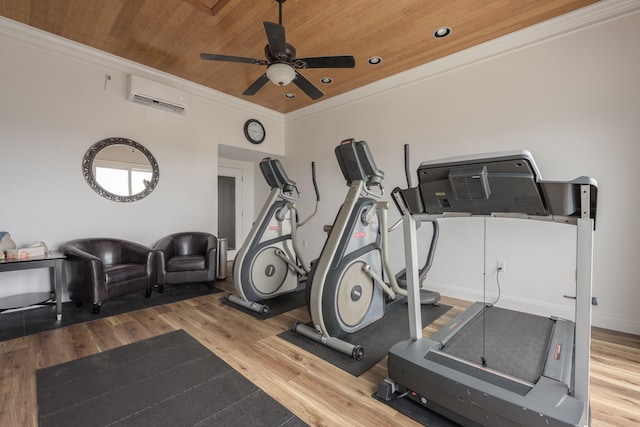 955 Scenic Gulf Dr Unit 350, Miramar Beach, FL 32550 - workout area with a wall unit AC, a ceiling fan, wooden ceiling, ornamental molding, and wood finished floors