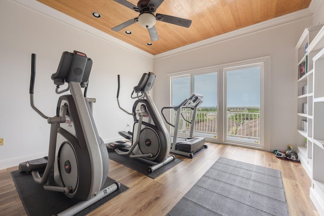 955 Scenic Gulf Dr Unit 350, Miramar Beach, FL 32550 - exercise room featuring crown molding, wood ceiling, ceiling fan, wood finished floors, and recessed lighting
