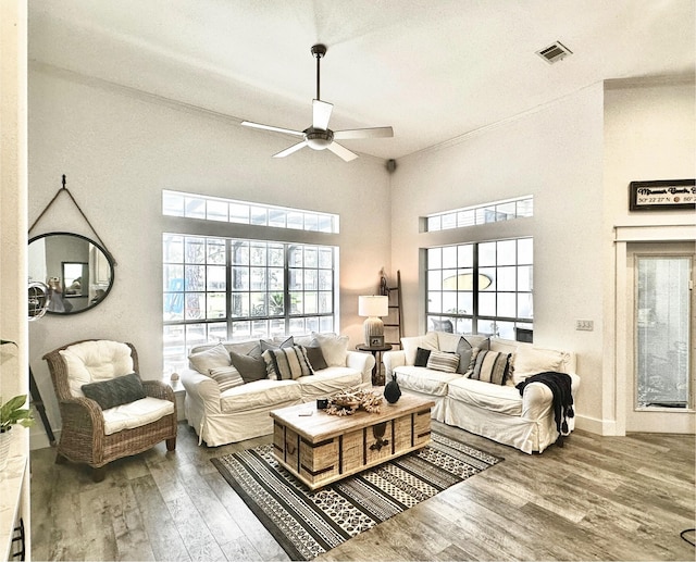 83 Azure Pl, Miramar Beach, FL 32550 - living area featuring wood finished floors, ceiling fan, and a high ceiling
