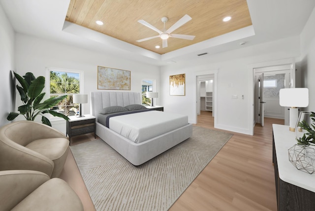 7215 Sunset Ave, Panama City Beach, FL 32408 - bedroom with a tray ceiling, wooden ceiling, light wood-style floors, recessed lighting, and ceiling fan