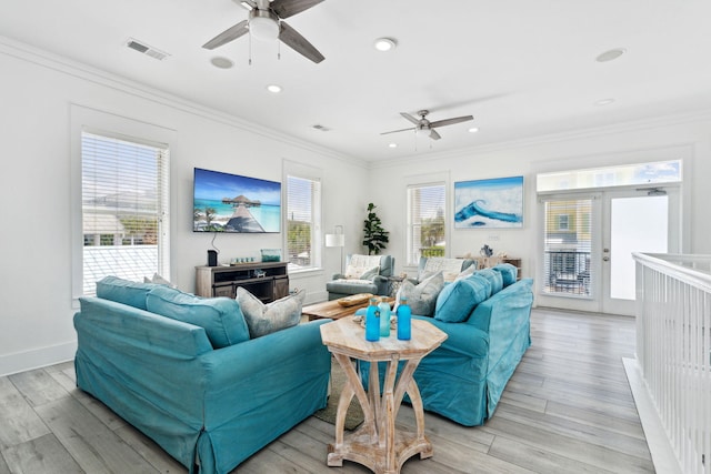 30 Los Angeles St, Miramar Beach, FL 32550 - living room featuring a ceiling fan, light wood-style floors, crown molding, and recessed lighting