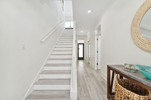 30 Los Angeles St, Miramar Beach, FL 32550 - stairs with recessed lighting, ornamental molding, and wood finished floors