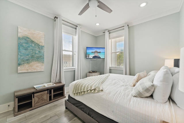 30 Los Angeles St, Miramar Beach, FL 32550 - bedroom featuring wood finished floors, crown molding, recessed lighting, and a ceiling fan