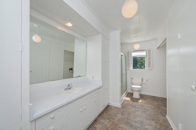 942 Varnum Rd, Laurel Hill, FL 32567 - bathroom featuring vanity, a stall shower, and stone finish floors