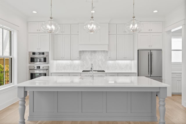 368 Ridgewalk Cir Lot 44B, Santa Rosa Beach, FL 32459 - kitchen featuring stainless steel refrigerator, a chandelier, light countertops, tasteful backsplash, and white cabinets
