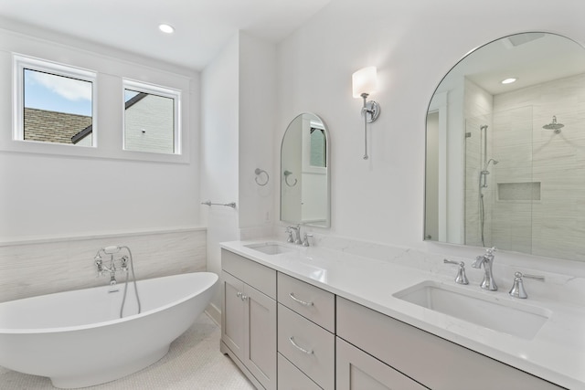 368 Ridgewalk Cir Lot 44B, Santa Rosa Beach, FL 32459 - full bath with a shower stall, a freestanding bath, double vanity, tile patterned flooring, and recessed lighting