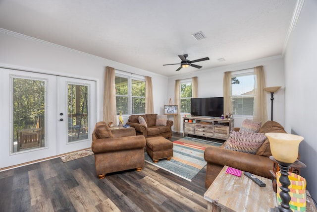 158 Johns Ln, Freeport, FL 32439 - living room featuring ornamental molding, wood finished floors, french doors, and a ceiling fan